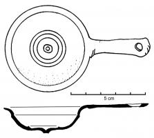 OMI-4019 - Patère miniaturebronzeObjet composé d'une vasque à bord évasé prolongée par un manche plat à l'extrémité perforée.