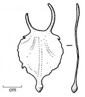 PDH-4011 - Pendant de harnais à anneaubronzeTPQ : 1 - TAQ : 100Pendant de harnais en tôle, suspension en forme d'anneau placé dans le plan du pendant; décor poinçonné, lest en forme de bulbe biconique.