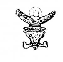 PDH-4048 - Pendant de harnais phalliquebronzePendant coulé, symétrique, représentant sous la forme de deux arcs dressés, au-dessus d'une tête de taureau, un phallus d'un côté, de l'autre un bras avec la main faisant le geste de la figue; anneau de suspension placé dans le même plan que le pendant.