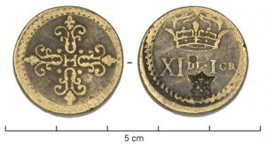 PDM-8011 - Poids monétaire : Henri III, francbronzePoids circulaire, frapé sur les deux faces. A/ Croix fleuronnée chargée d’une H en cœur ; R/ XI DE. I GR. (11 deniers 1 grain), sous une couronne.