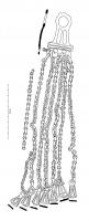 PDQ-1071 - PendentifbronzePartie d'un pendentif composée d'une plaque trapézoïdale percée de trous et reliée à un fort anneau de suspension par une tige à trois branches. A chaque trou de la plaque, sont suspendues une ou deux longues chaînettes terminées par une pendeloque trapézoïdale moulurée.
