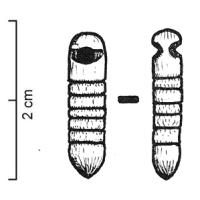 PDT-0003 - Pendeloque canneléeosPendeloque en forme de bâtonnet cylindrique à base conique ou arrondie, corps creusé d'une succession de profondes cannelures superposées ; perforation sommitale.
