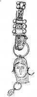 PDT-3003 - Pendant céphalomorpheargentPendant de fibule, travaillé au repoussé : tête aux yeux écarquillés, traités dans le style local; à la base, une ligne de perle est percée pour une série de pendants, et une boucle de suspension est fixée au sommet du crâne.