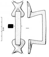 PGM-4011 - Poignée de meublebronzePoignée massive, de forme anguleuse et de section quadrangulaire, terminée par deux appliques foliacées bifides et symétriques, placées dans un même plan (fixation par brasure, donc sur revêtement métallique : meuble, ou porte ?).