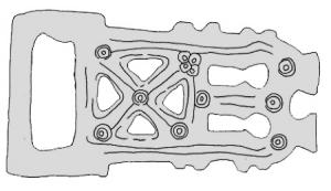 PLB-5583 - Plaque-boucle rigidebronzeTPQ : 540 - TAQ : 600Plaque-boucle rigide, à corps rectangulaire allongé, percé de plusieurs ajours dessinant une croix latine, et d'autres ajours de formes diverses (entrée de serrure...); ocelles fréquents sur la plaque et la boucle, qui est de forme rectangulaire, ergots sur le pourtour. Trois bélières de fixation au revers.