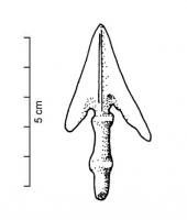PTF-1017 - Pointe de flèchebronzePointe de flèche à soie marquée de deux renflements, ailerons triangulaires; nervure axiale.