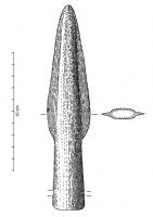PTL-1044 - Pointe de lance à douille communebronzeTPQ : -1300 - TAQ : -800Pointe de lance inornée, de taille moyenne (longueur totale comprise entre 12 et 20 cm), à douille méplate de longueur commune.
