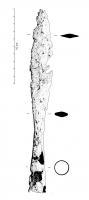 PTL-5011 - Pointe de lanceferFer de lance en feuille de saule, à flamme large plus longue que la douille, qui est refermée ; la section de la flamme est losangique, sans arête marquée.