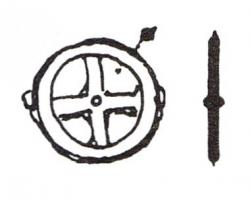 RUL-4014 - Rouelle : Type B3abronzeTPQ : -50 - TAQ : -15Rouelle en bronze dont le diamètre  est compris entre 15 et 17mm. Le moyeu est marqué par un globule.