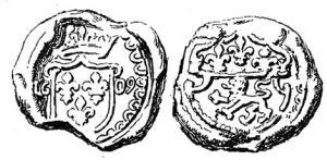 SCL-9019 - Sceau de douane : Lyon, Henri IVplombTPQ : 1589 - TAQ : 1610Sceau à double face ; d'un côté, armes de France dans un écu surmonté d'une couronne, de part et d'autre la date ; de l'autre, armes de Lyon dans un écu aux côtés échancrés.