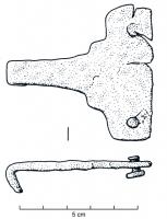 AGC-3009 - Agrafe de ceinturebronzeTPQ : -475 - TAQ : -350Agrafe de ceinture constituée de deux parties perpendiculaires : un rectangle transversal, percé de deux ou trois trous pour fixation sur la ceinture, et un crochet effilé. La transition peut éventuellement être marquée de gradins.