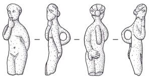 AML-4016 - Amulette : pseudo-AngeronaargentTPQ : 1 - TAQ : 400Figurine de femme nue, coiffée d'un chignon, portant à la bouche ses doigts de la main droite, la main gauche dans le dos ; anneau de suspension au revers.