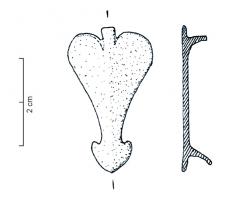 APH-4016 - Applique de harnais cordiformebronzeApplique de harnais cordiforme ou foliacée, bouton terminal à la pointe, parfois accosté de deux ergots; au revers, une ou deux fixations pour cuir.