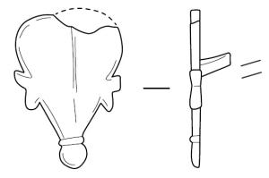 APH-4176 - Applique de harnais cordiforme
bronze
Applique plate, foliacée, bouton terminal à la pointe et deux fleurons bifides latéraux ; un seul bouton de fixation pour cuir au revers ; décor poinçonné ou incisé.
