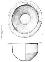 BAS-4043 - BassinbronzeTPQ : 150 - TAQ : 200Bassin à panse cylindrique, carénée, tronconique en partie basse; lèvre horizontale large, fond plat ; trou de suspension sur le bord.