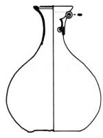 BLS-4011 - Balsamaire de type Tassinari F.2330bronzeTPQ : 50 - TAQ : 100Balsamaire à corps ovoïde et profil sinusoïdal, lèvre oblique évasée ; une petite attache fixée par brasure au sommet du col ; fond en retrait avec cercles concentriques.