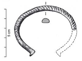 BRC-1057 - Bracelet ouvert à tamponsbronzeBracelet ouvert à tampons, de section semi-circulaire, à décor de cannelures transversales venues de fonte. Ces cannelures plus ou moins marquées, sont parfois obliques ou disposées en séries. Possibles incisions légères à proximité des tampons.
