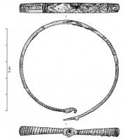BRC-4058 - Bracelet ouvert à crochet, coulébronzeTPQ : 150 - TAQ : 400Bracelet à jonc épais, coulé, parfois décoré d'incisions transversales ou de motifs géométriques, mais généralement lisse; les extrémités, précédées d'une butée en fort relief, comportent d'un côté un crochet, de l'autre un anneau ouvert.