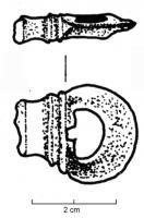 CLE-4023 - Clé à rotationbronze, ferClé en fer, à manche en bronze : un socle trapézoïdal mouluré porte une lunule à volutes internes, parfois surmontée d'une protubérance bouletée.