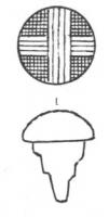 CLH-3006 - Clou émaillébronze, ferTPQ : -120 - TAQ : -30Clou en bronze, coulé sur une tige de fer effilée (indiquant un support en bois) ; la tête en calotte, plus ou moins aplatie, est creusée de quatre groupes de sillons contenant souvent des restes d'émail rouge opaque. Variante aux sillons organisés en 4 quartiers perpendiculaires, réticulés, séparés par des doubles traits.