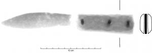 CTO-4059 - Couteau en fer et manche plaqué d'osfer et osAccompagnant les lames en bâtières tardo-romaines, ces manches larges et épais sont constitués de deux plaques en os reliées par des rivets de fer.