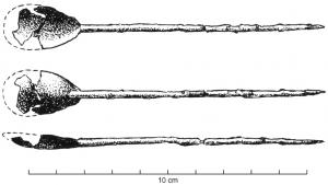 CUI-4006 - Cochlear à cuilleron ovoïdebronzeCochlear de facture légère, à cuilleron ovoïde; le manche situé dans le prolongement direct du cuilleron est effilé et se termine en pointe ; le prolongement du manche sous le cuilleron peut être souligné de quelques incisions.