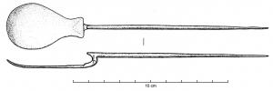 CUI-4016 - CochlearbronzeTPQ : 225 - TAQ : 300Cochlear à cuilleron en forme de bourse, avec un décrochement simple au départ du manche, qui se termine en pointe effilée. La section du manche peut être circulaire ou rectangulaire. Variété à manche lisse