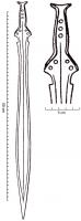 EPE-1017 - Épée à languette tripartite : type atlantiquebronzeTPQ : -1100 - TAQ : -900Epée à languette dont la partie proximale est le plus souvent rectiligne. La partie médiane de cette languette est étroite. Les trous de rivet sont, en général, au nombre de 3 au niveau de la fusée et de 4 (2 de chaque côté) au niveau de la garde. Ils sont souvent remplacés par des fentes. Lame le plus souvent pistilliforme avec un fort bourrelet axial sur la partie tranchante et sur le talon.