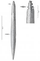 EPE-1060 - Epée à languette rétréciebronzeEpée à languette rétrécie à sommet bifide et 4 trous de rivet ouverts ou fermés ; lame fusiforme à 2 stries de chaque côté du renflement axial.