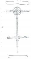 EPE-4019 - Applique de fourreau de glaivebronzeTPQ : 1 - TAQ : 100Applique reliant deux barrettes avec un axe médian; au sommet, motif cruciforme inscrit dans un cercle.