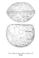 EPE-4036 - Pommeau de glaive de type MainzboisTPQ : -30 - TAQ : 50Pommeau de forme ovoïde percé de part en part d'un orifice transversal circulaire. Le centre de l'objet porte le plus souvent un décor mouluré sur tout le pourtour.