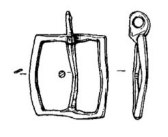 EPE-9019 - Boucle de suspension de rapièrebronzeTPQ : 1500 - TAQ : 1630Boucle rectangulaire à double fenêtre (les côtés extérieurs parfois renflés), avec au niveau de la barre transversale un anneau perpendiculaire au plan de l'objet.