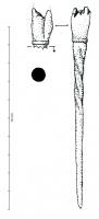 EPG-4121 - Épingle à sommet orné : main et fût torsadéosÉpingle dont le sommet figure une main; le corps de l'épingle est torsadé sur la moitié supérieure.