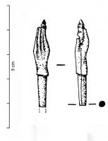 EPG-4122 - Épingle à sommet orné : main tenant un objetosTPQ : 1 - TAQ : 400Epingle dont le sommet figure une main droite aux doigts étirés, tenant un objet allongé (coquillage, pomme de pin…). Le corps est cylindrique, de diamètre presque constant, étroit. La main est plus large que le fût.
