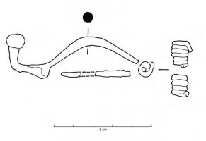 FIB-2602 - Fibule à pied redressé et bouton sphériquebronzeFibule à arc légèrement renflé, de section ronde, et pied redressé  terminé par un bouton sphérique ; ressort court (jusqu'à 10 spires) et corde externe.