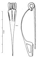 FIB-3043 - Fibule de Nauheim 5a29bronzeRessort à 4 spires et corde interne ; arc plat, triangulaire et tendu ; porte-ardillon trapézoïdal ajouré ; arc orné de trois échelles longitudinales convergentes, sans filets transversaux.