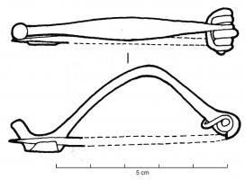 FIB-3952 - Fibule corse à ressort sur axebronzeTPQ : -400 - TAQ : -200Fibule à arc de forme et de section variables, mais formant souvent un angle assez prononcé au sommet : foliacé, filiforme ou légèrement renflé ; section subcirculaire, ovale ou semi-ovalaire ; ressort bilatéral à corde interne, dans le prolongement de l'arc. Pied redressé en bouton.