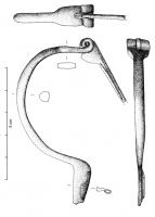 FIB-4028 - Fibule de type AucissabronzeTPQ : 1 - TAQ : 120Fibule à charnière repliée vers l'extérieur, dont la tête peut être carrée comme sur le type classique d'Aucissa, ou réduite à un bâtonnet transversal ; la section de l'arc est ovale, semi-ovale ou quadrangulaire ; le pied nettement séparé de l'arc est pourvu d'un bouton, moulé ou rapporté ; porte-ardillon éventuellement percé.