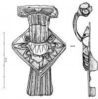 FIB-4082 - Fibule à queue de paon (F.19d2)bronzeTPQ : 25 - TAQ : 75Fibule à queue de paon, plaque losangique ornée d'une collerette ajourée rapportée, dont la plaque et le pied sont d'un seul tenant.