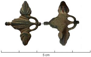 FIB-41065 - FibulebronzeBroche présentant une combinaison de trois feuilles schématiques, reliées par des tiges ondulantes.