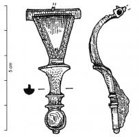 FIB-41139 - Fibule émailléebronzeTPQ : 100 - TAQ : 150Fibule à arc triangulaire, avec filets ondés sur les bords, interrompu par un étranglement; le pied mouluré se termine par une loge d'émail ronde.