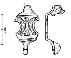 FIB-4356 - Fibule symétrique émailléebronzeFibule composée de deux lunules émaillées, accostées de séparées par des triangles également émaillés ; extrémités symétriques en forme de boutons (ou têtes de reptiles).