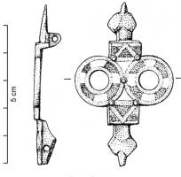 FIB-4522 -  Fibule symétrique émailléebronzeFibule symétrique à extrémités en têtes de reptiles, l'arc comporte deux couronnes émaillé juxtaposées, entre deux motifs également émaillés.