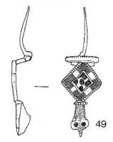 FIB-4868 - Fibule émailléebronzeFibule à charnière dont le corps est formé de deux losanges emboités. Le pied se termine en un bouton ou une tête d'animal stylisée.