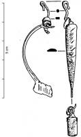 FIB-4964 - Fibule de type de RamersdorffbronzeFibule à arc en forme de feuille de saule, très effilé vers un pied légèrement retourné; ressort à 4 spires et corde interne constitué par un fil de section rectangulaire;