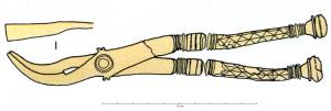 FOU-4002 - Forceps (sequestrum forceps)bronzeRobuste pince à mors courbes ou rectilignes ; les manches droits et massifs sont ornés de facettes, extrémités moulurées.