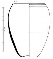 GOB-4018 - Gobelet AR 35verreTPQ : 30 - TAQ : 120Gobelet en verre soufflé, forme haute semi-ovoïde, à fond plat légèrement rentrant; lèvre vertical, bord droit souligné à l'extérieur par un ou deux sillons gravés (parfois un autre à mi-panse).