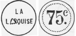 JMO-9009 - Jeton monétiforme : maison close Maison Marquise, NîmesbronzeJeton de maison de tolérance; Av/ LA / MARQUISE ; Rv/ dans un cercle de perles, 75 c.