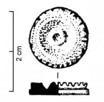 JTN-4009 - JetonosTPQ : 50 - TAQ : 150Jeton circulaire (diam. 14 à 23mm), dont le pourtour est creusé d'entailles régulières, droites ou obliques; la face supérieure est creusée d'une cuvette profonde, autour d'un mamelon central pointé.