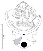 LMP-42633 - Lampe Loeschcke IC : Gladiateursterre cuiteLampe ronde à bec à volutes avec terminaison en ogive. Médaillon avec un combat entre deux gladiateurs, un Thrace et un Hoplomaque, avec l'arbitre en arrière-plan ; en-dessous, inscription FVFIC dans une tabula ansata.